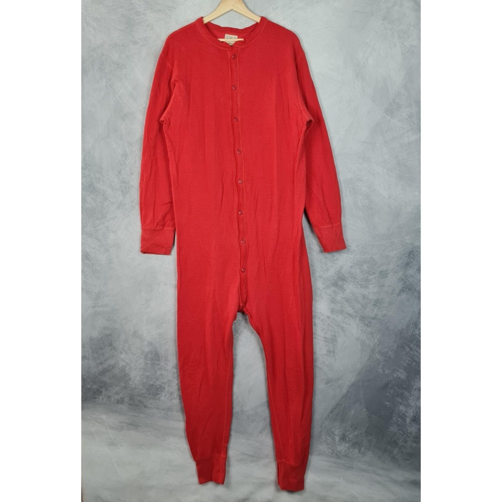 LL Bean Long Johns Mens Large Red Thermal Union Suit Button Front One Piece